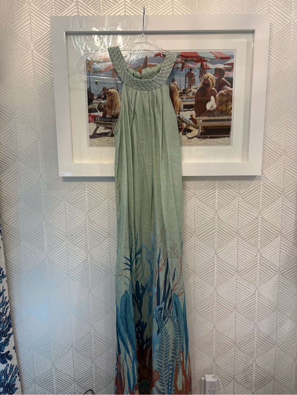 Sleeveless Seafoam Maxi Dress with Braided Neckline and Ocean Print